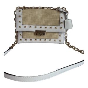 Michael Kors Whitney Studded Straw & Leather Shoulder Crossbody Bag White Gold